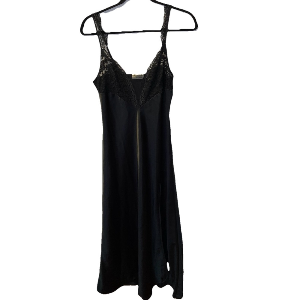 Victoria's Secret Gold Label Black Satin Lace Bodice Slip Dress Medium Leg Slit